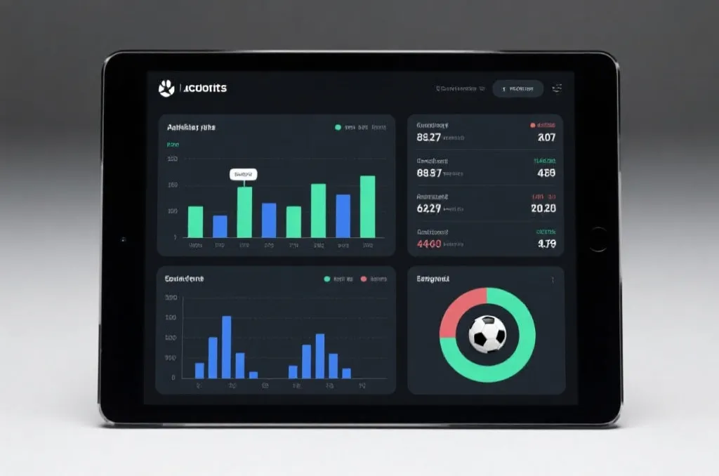 A modern sports analytics dashboard on a tablet screen showing generic soccer match statistics